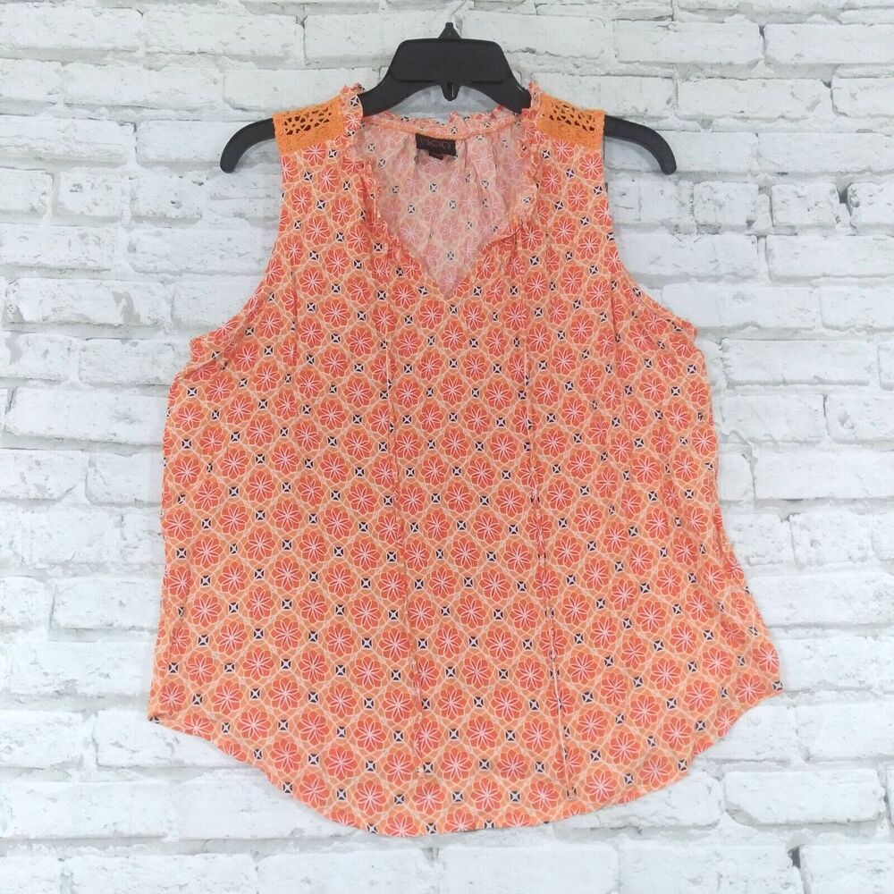 Mod Lusive Womens Blouse Medium Orange Floral Geometric Crochet Lace V Neck Top